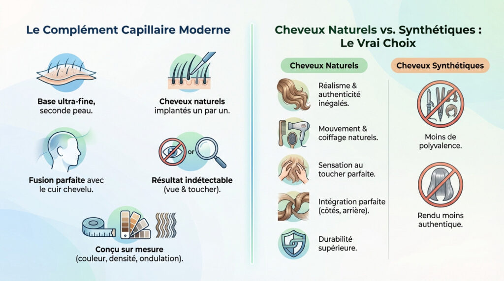 Infographie détaillée sur les prothèses capillaires modernes, comparant les avantages des cheveux naturels et les limites des synthétiques.
